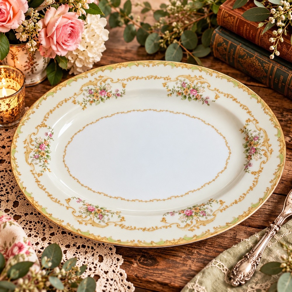 Vintage Noritake Japan Oval Serving Platter Floral Gold Scroll Green Rim 12 Inch